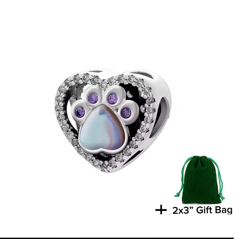 Heart Paw Crystals Dog Cat Lover Charm Bead | 925 Silver | Brand New